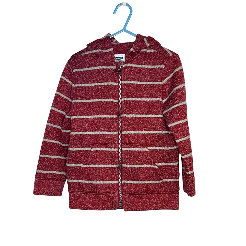 Old Navy Hoodie Kids Heathered Red Striped Full Zip Knit Sweatshirt - 5T